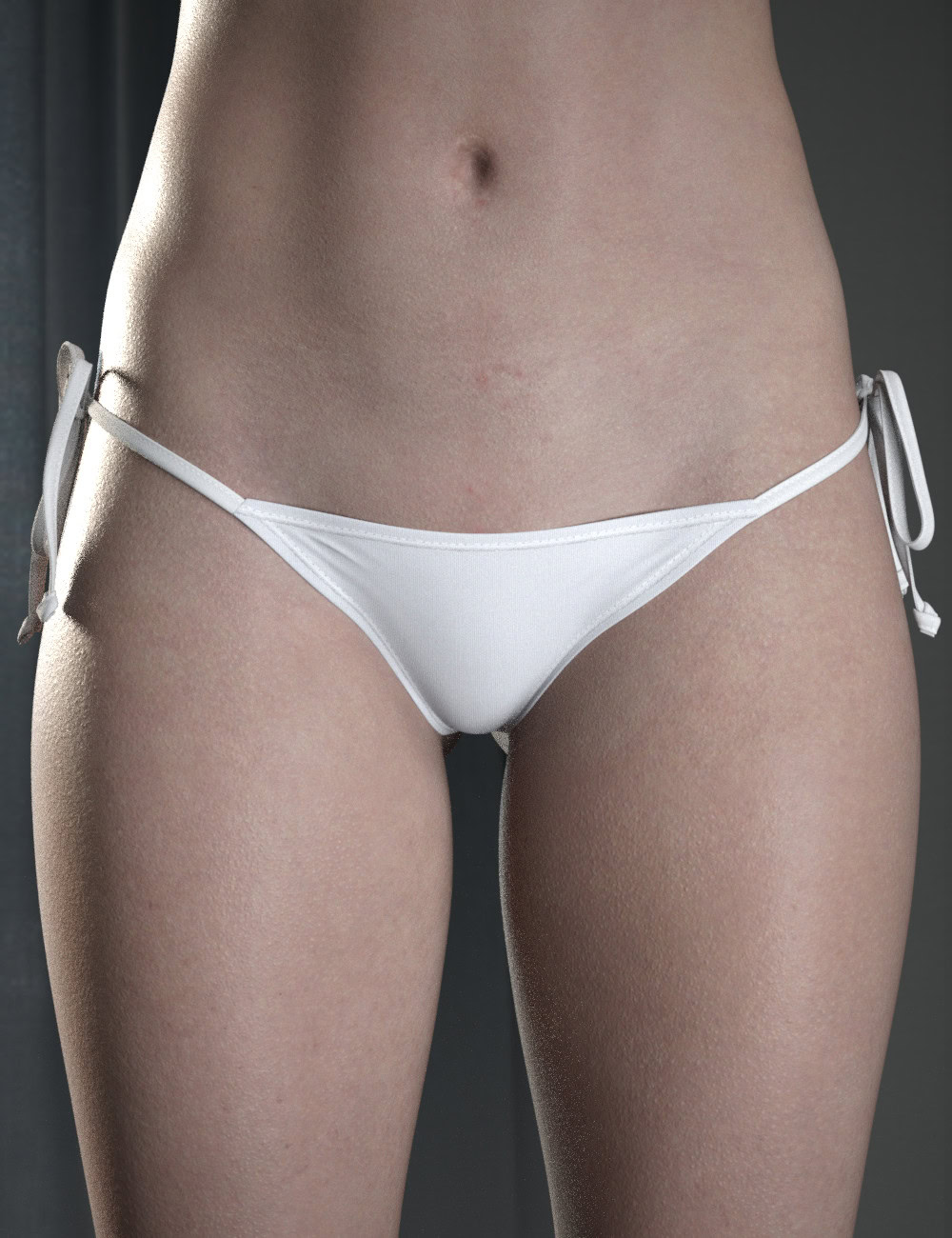 Adult modeling a white tie-side bikini bottom against a dark gray studio background.