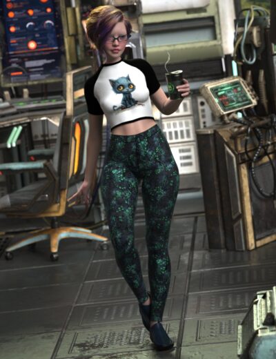Young woman with glasses holding a green drink in a futuristic space laboratory.