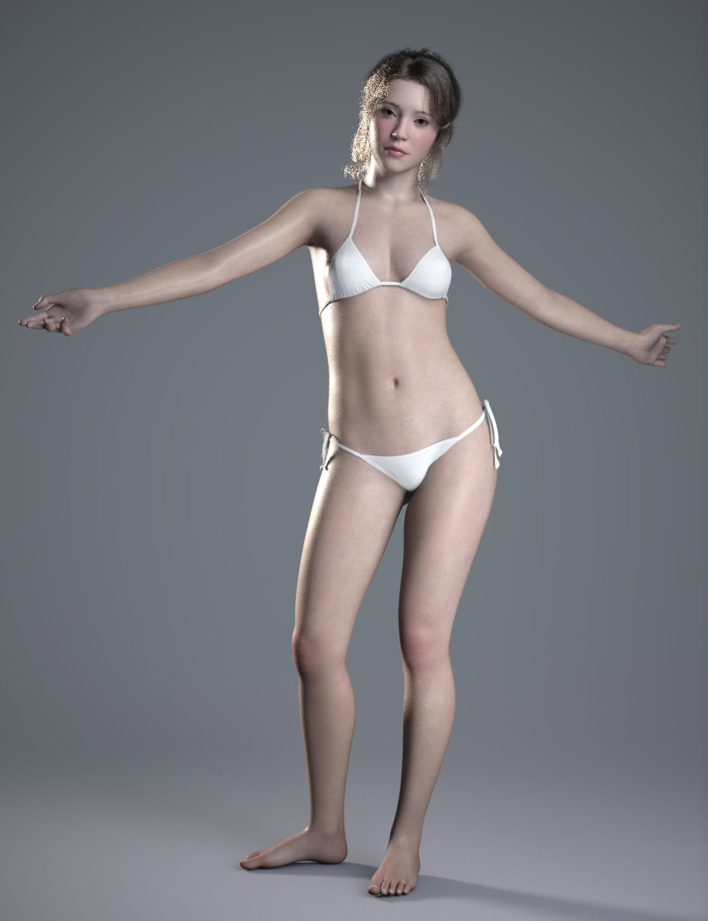 Young woman posing in a white two-piece swimsuit in a minimalist gray studio.