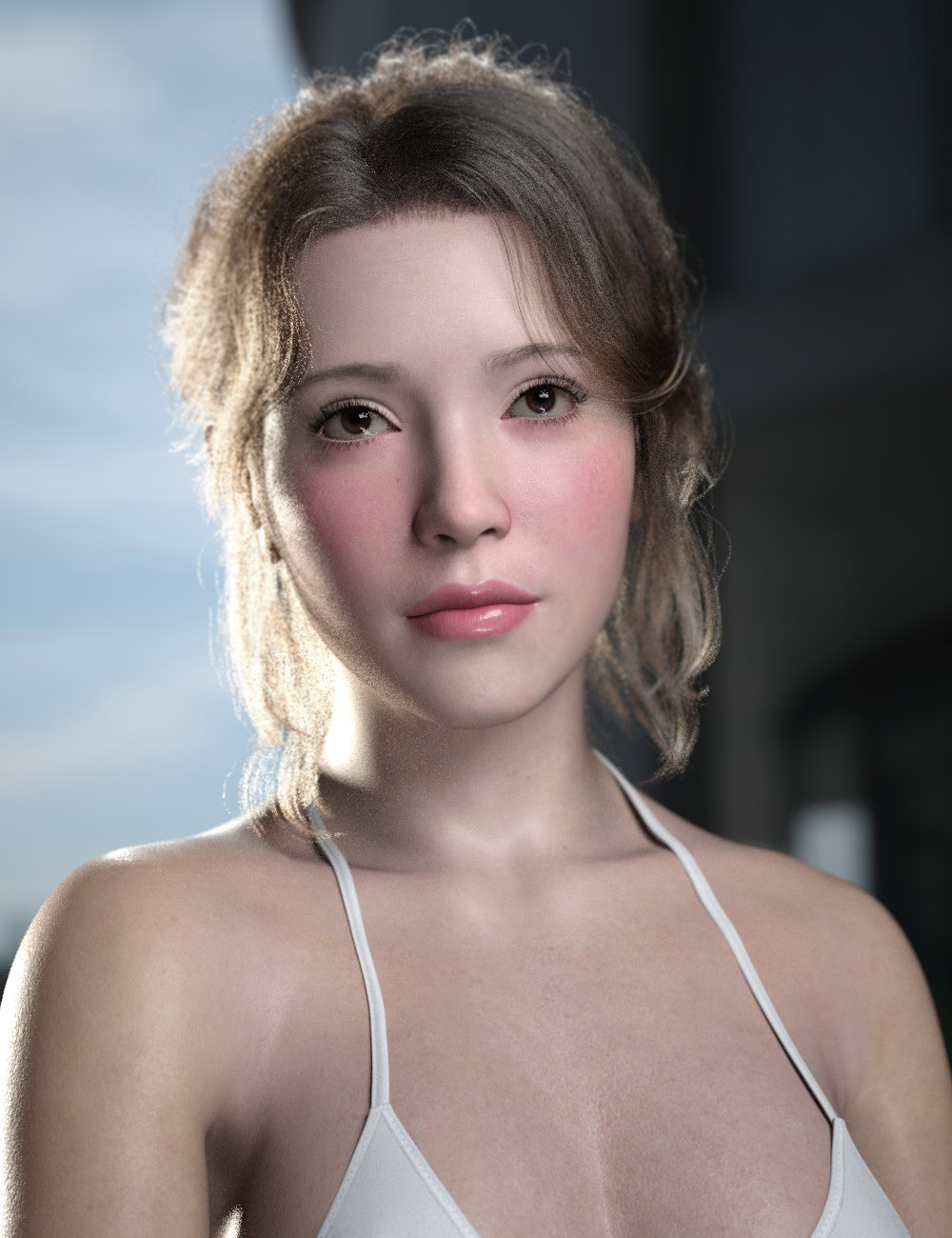 Close-up portrait of a hazel-eyed young woman with wavy brown hair in soft natural light.
