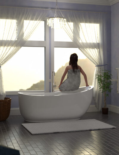 Daz Studio luxury bathroom environment with woman, freestanding bath, chandelier, and sunlit windows.