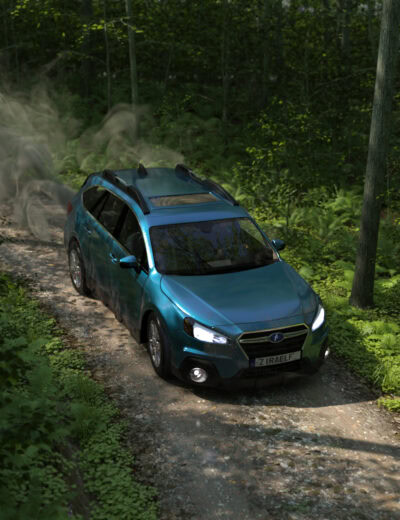 Metallic blue SUV driving on a rugged forest dirt road with headlights on and dust trailing.