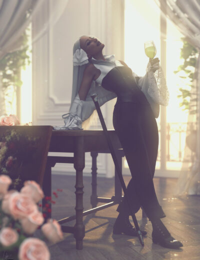 Bridal fashion model in black corset toasts champagne in a sunlit vintage room.