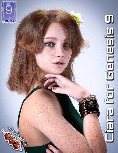 Clare Genesis 9 digital character with auburn hair, freckles, green eyes, and floral accessory.