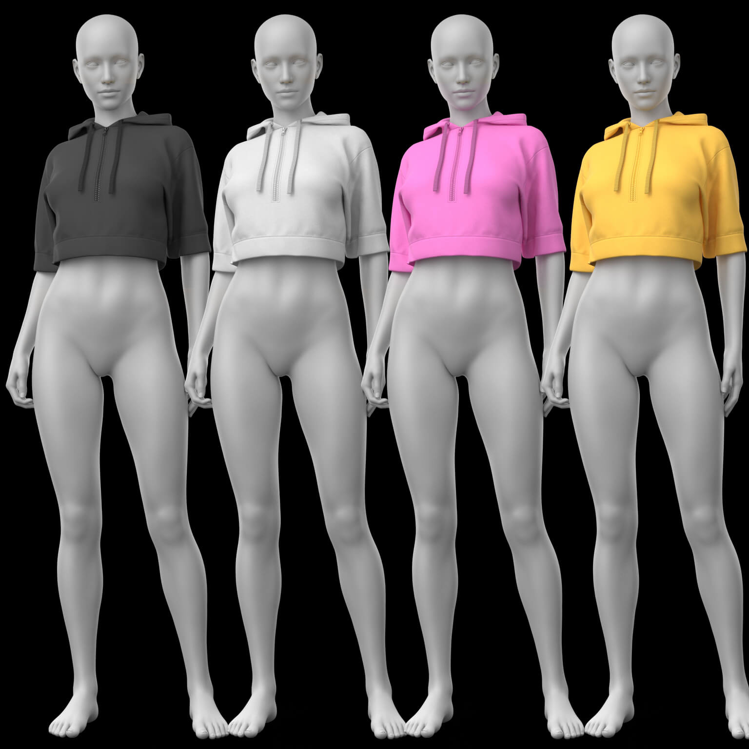 Four female mannequins wearing cropped hoodies in charcoal, white, pink, and golden yellow.