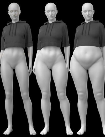 Three 3D female body types wearing cropped hoodies against a black background.