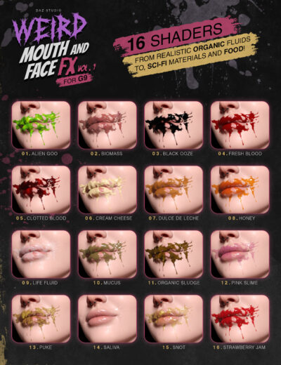 DAZ Studio Genesis 9 face shaders featuring blood, slime, saliva, and food effects.