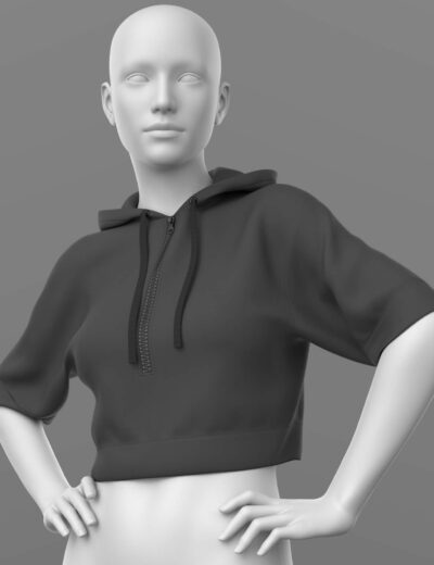 3D female fashion model wearing a cropped short-sleeve hoodie with drawstrings and zipper.