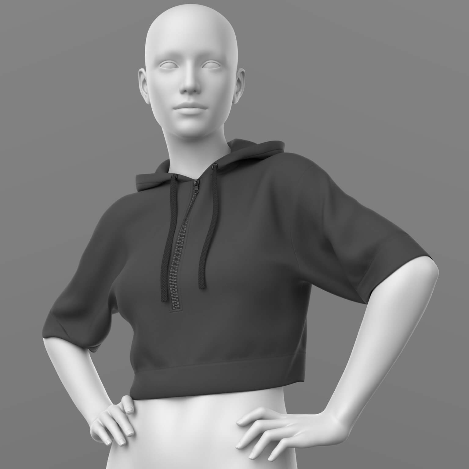 3D female fashion model wearing a cropped short-sleeve hoodie with drawstrings and zipper.