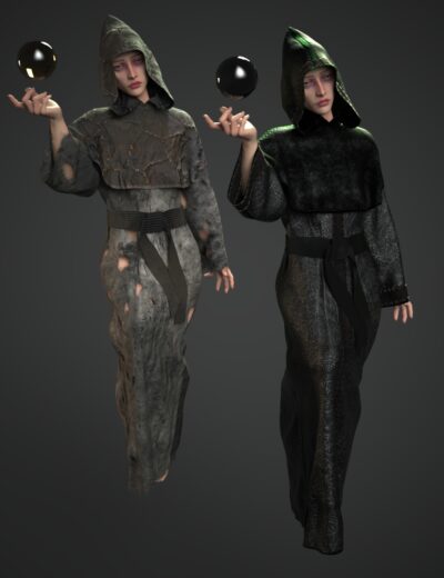 Two hooded sorceresses levitate glossy black orbs during a dark mystical ritual.