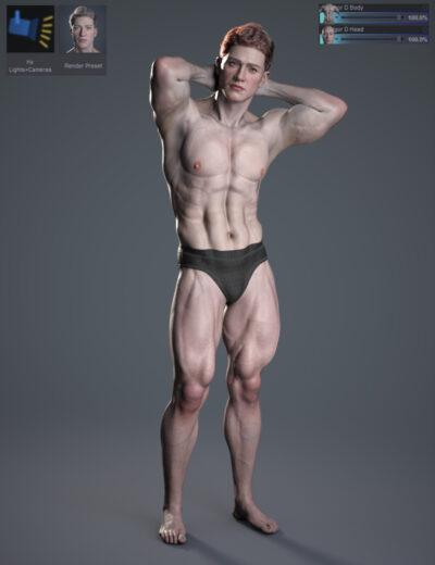 Muscular male 3D character posing in dark briefs on a customization screen.
