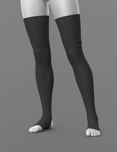 Female legs wearing black open-toe thigh-high compression stockings against a gray background.