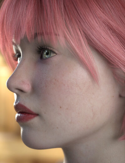 Close-up profile of a pink-haired woman gazing upward in warm golden light.