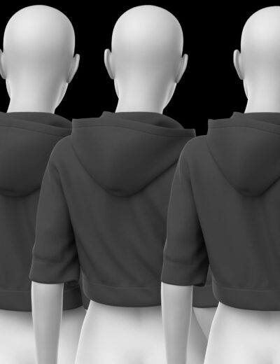 Three bald mannequins wearing gray hoodies, viewed from behind against a black background.