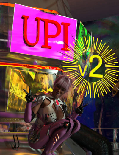 UPI v2 DAZ installer plugin promo with cybernetic woman in a neon sci-fi control room.