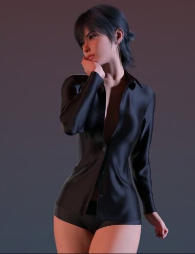 Contemplative young woman in a glossy black blazer against a muted purple background.