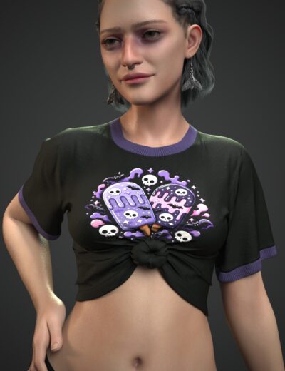 Young woman wearing a knotted black crop top with a purple spooky graphic.