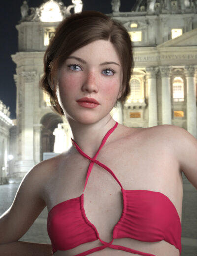 Young woman in a pink halter top outside an illuminated neoclassical palace at night.