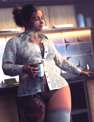 Woman in sheer floral cardigan holding a travel tumbler in a warmly lit modern kitchen.