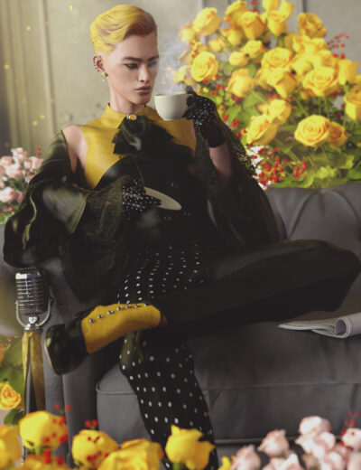 Blonde woman holding a steaming cup amid yellow roses in a glamorous fashion editorial.