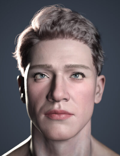 Realistic digital portrait of a serious young adult with swept brown hair and blue-gray eyes.