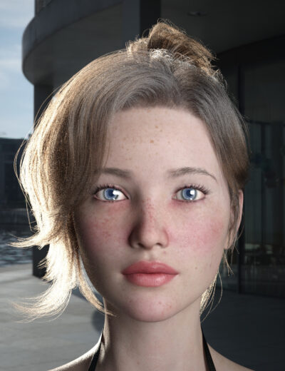 Sunlit close-up portrait of a freckled woman with blue eyes and a loose blonde updo.