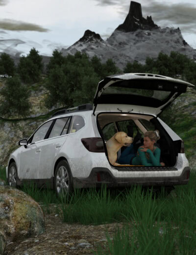 Woman and dog sit in open Zirael Flyte hatch on a rugged mountain trail.