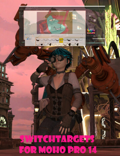A steampunk-style 3D character with dark blue hair and aviator goggles standing in front of a mechanical structure against a sunset sky. Hovering above her is a software UI window showing 2D character lip-sync animation and mouth switch target assets, with pink text at the bottom reading "SWITCHTARGETS FOR MOHO PRO 14".
